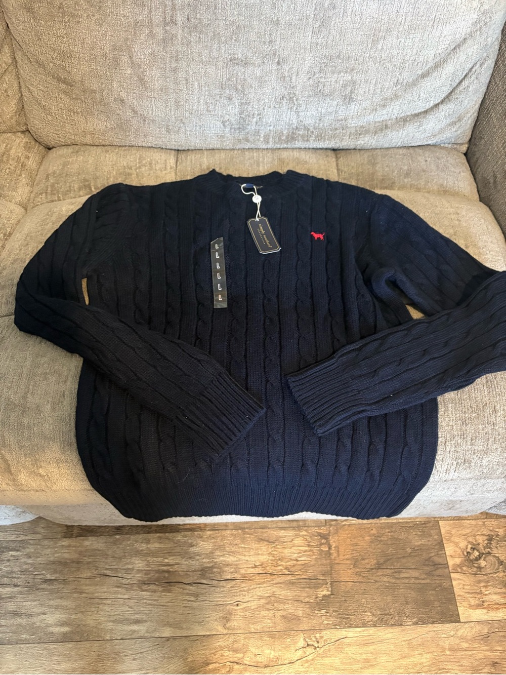 Simply Southern Women's Navy Cable Knit Crewneck Sweater with Red Logo